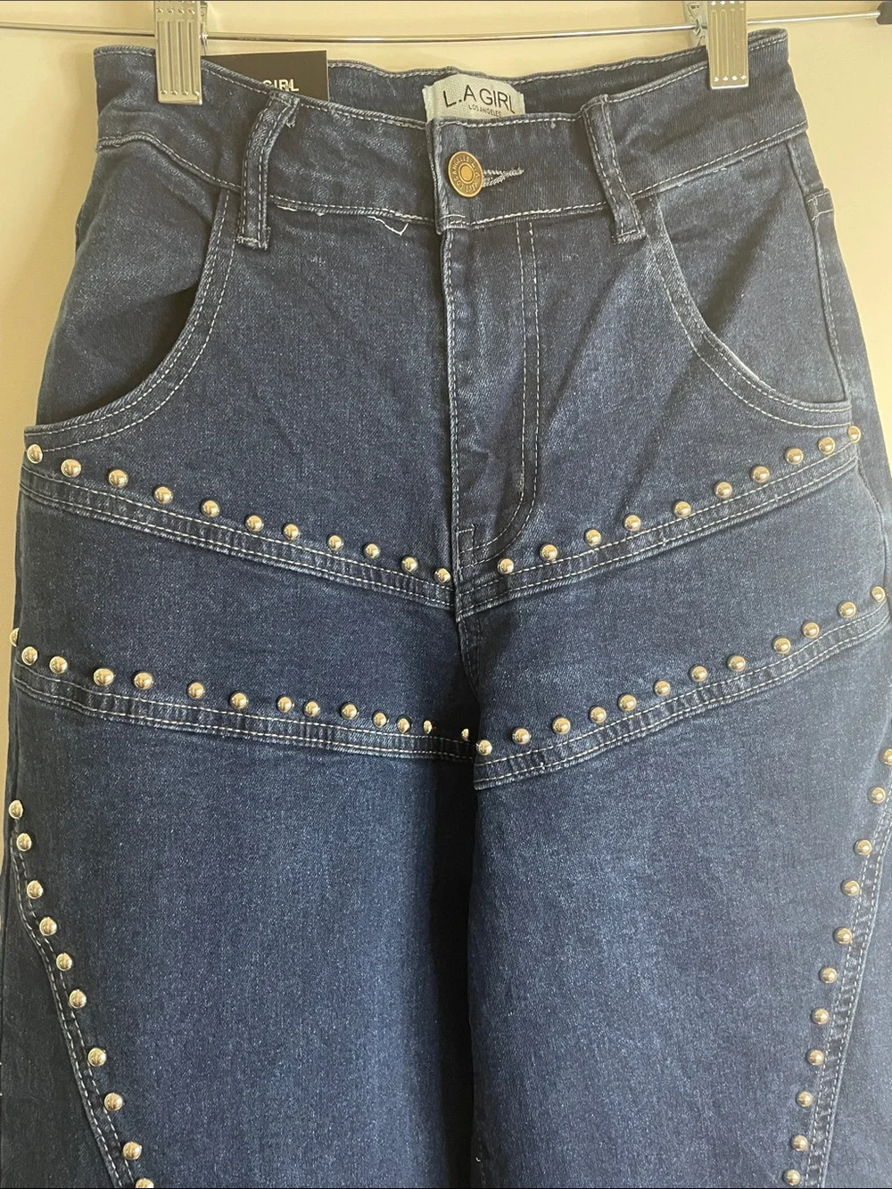LA Girl Dark Blue Studded Wide-Leg Jeans